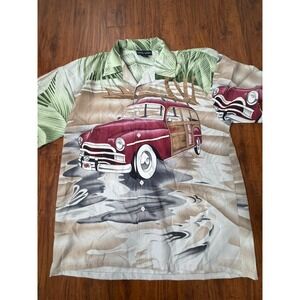 Oscar Misa Mens Hawaiian Shirt L Huge Classic Car Wagon Paradise Palm Trees